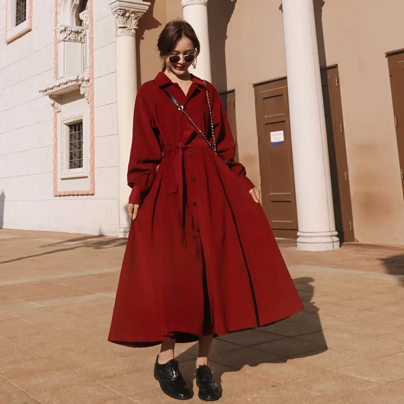 

Photo Shoot INS Non-mainstream Young-Style Corduroy Wine Single Breasted Suit Collar Waist Hugging Lace-up Big Hemline Dress
