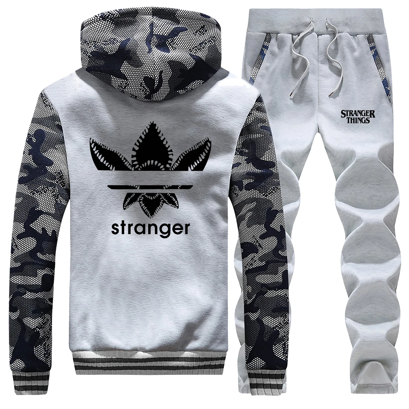 

New 2019 Winter Mens Vintage Print Fleece Coat Thick Suit Fashion Stranger Things Warm Jackets Sportswear+Pants 2 Piece Set