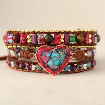 Premium New Heart Shape Leather Wrap Bracelets W/ Vibrant Stones Chain Beads Bracelet Boho Classic Jewelry Bijoux Dropship