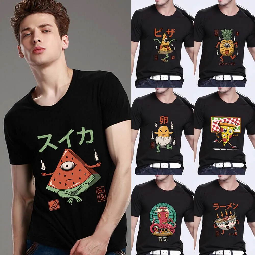 

T-shirt Men's Fashion Casual Funny Cartoon Cute Monster Print Pattern Series T-shirt Top O-neck Slim Commuter Black Male Shirt