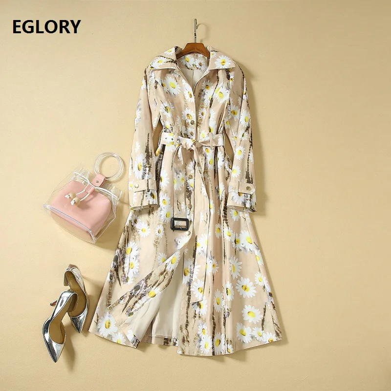 

High Quality New 2019 Autumn Long Coat Trench Women Turn-down Collar Vintage Sunflower Print Single Breasted Coat Outerwear