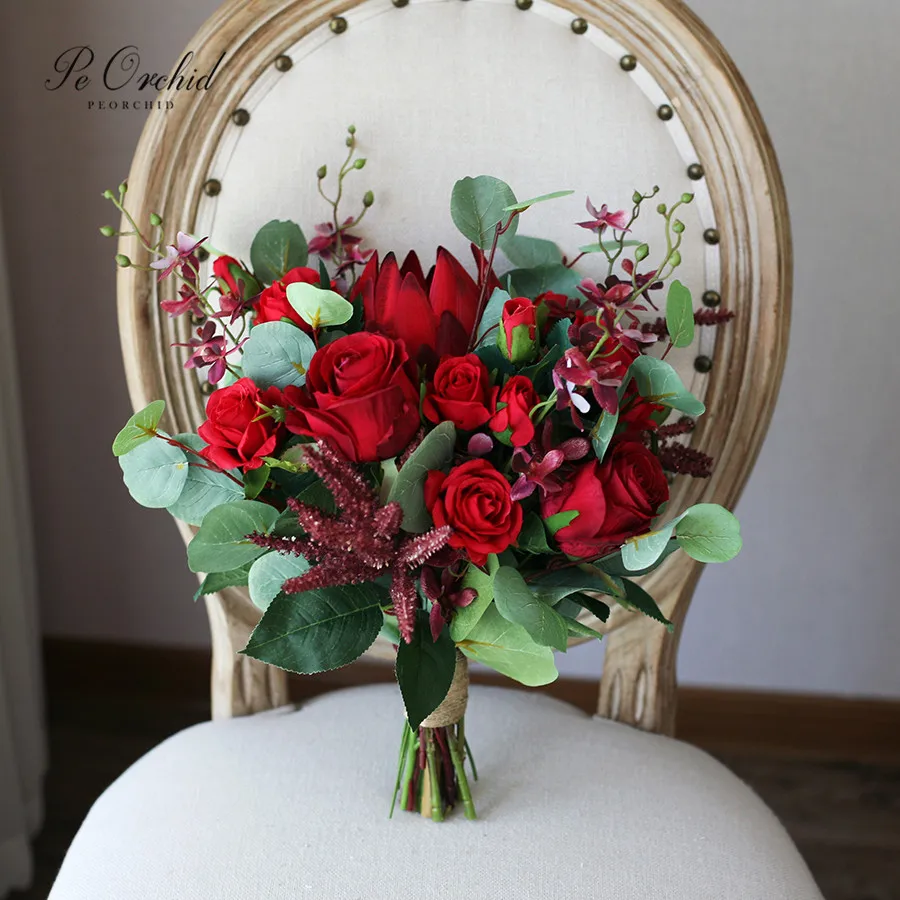 

PEORCHID Bride Bouquet Ramo De Novia Artificial Emperor Flower Rose Bridal And Bridesmaid Burgundy Wedding Bouquet Supplies