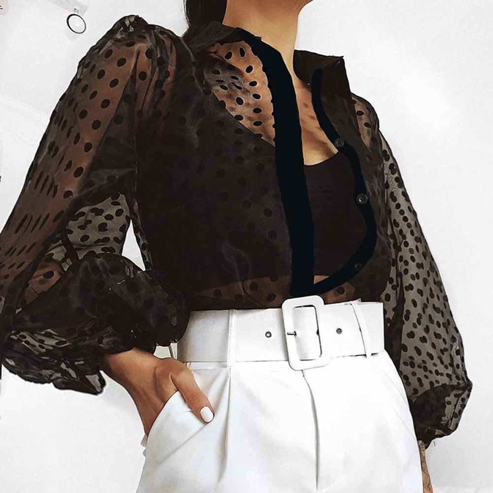 

2020 New Women See-through Sheer Mesh Dot Blouse Long Lantern Sleeve Tops Shirts Single-breasted Polka Perspective Chiffon Shirt