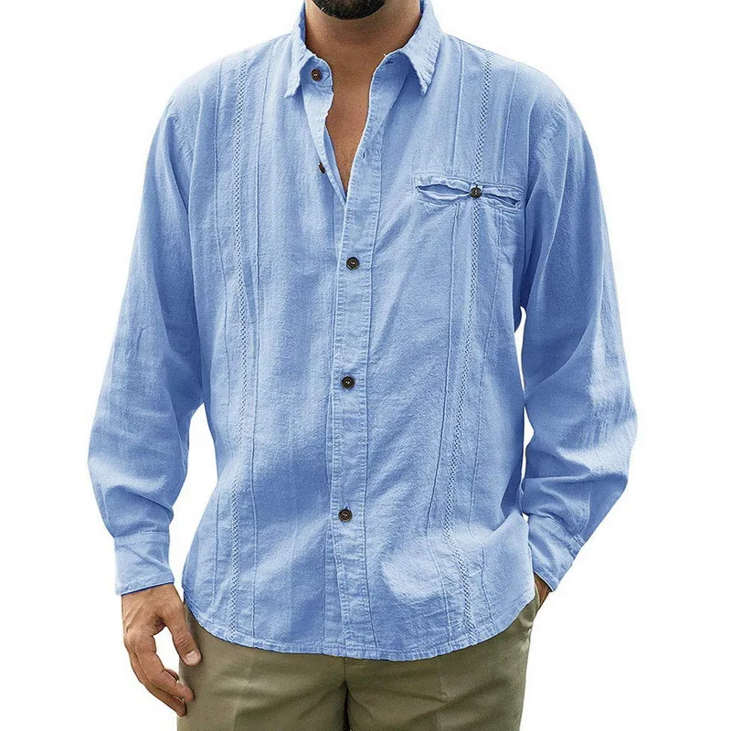 

WENYUJH 2019 Autumn Men Loose Fit Cuban Camp Linen Shirts Casual Button Down Casual Shirt High Quality Solid Long Sleeve Shirt