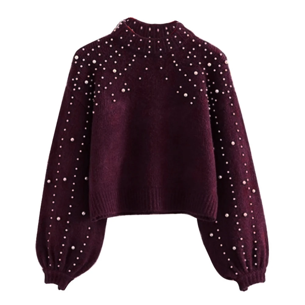 HEFLASHOR/женские вязаные толстовки с бусинами, длинный свободный пуловер с рукавами-фонариками, Осенний модный джемпер с круглым вырезом и манжетами - Цвет: Бургундия