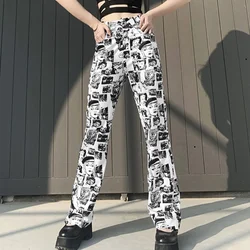 Broek imprimé Y2K, Streetwear, décontracté, évasé, esthétique, Taille haute, Vintage des années 90 