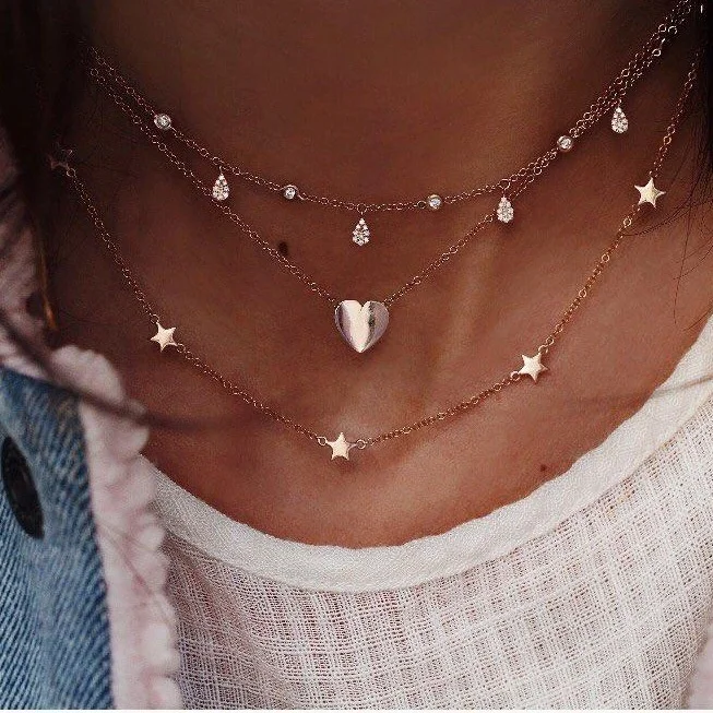 

New Fashion Personality Full Diamond Heart Love Five-pointed Star Multi-layer Women's Pendant Necklace