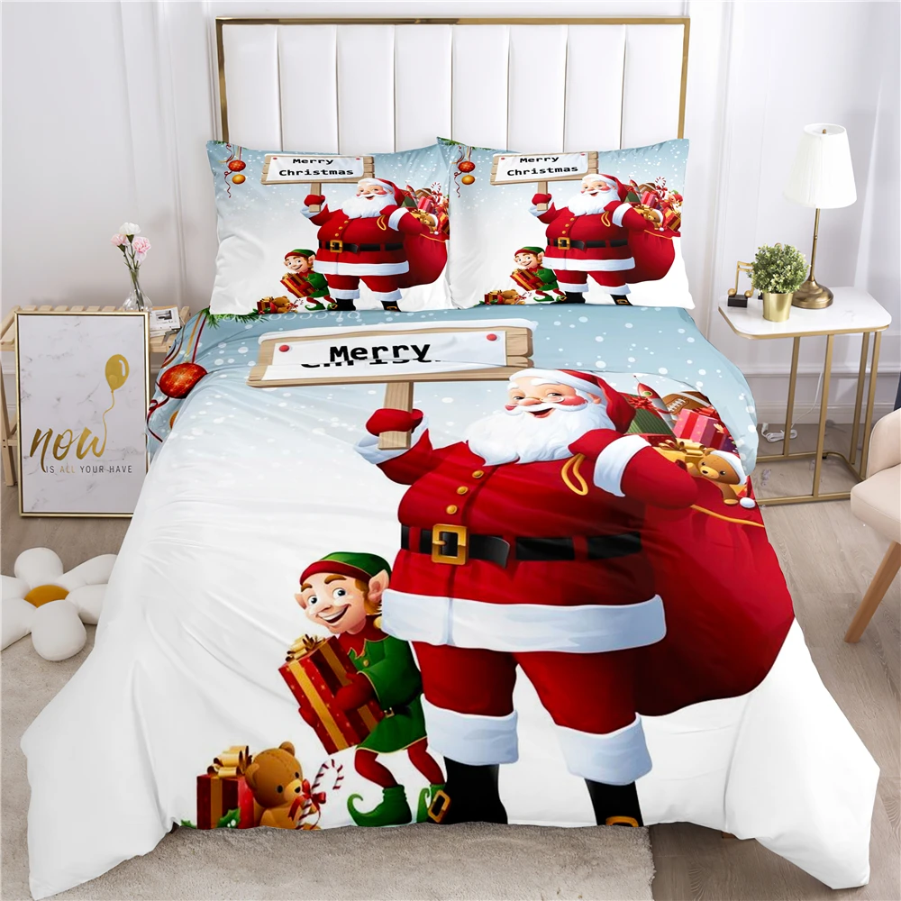 Double Multi-Colour Christmas Presents Kids Xmas Santa Claus Quilt Duvet Cover and 2 Pillowcase Bedding Bed Set