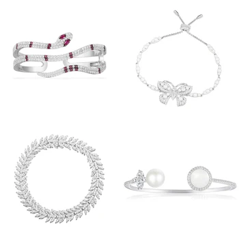 

2020 New Silver White Zircon Spirit Snake Olive Branch Butterfly Pearl Female Bracelet Suitable For Wedding Party Gifts