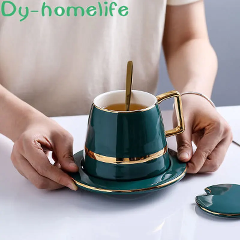 

Nordic Drawing Phnom Penh Green Cone Handle Ceramic Mug Household Bone Porcelain Spoon Milk Coffee Tea Cup Gift Box Water Cup