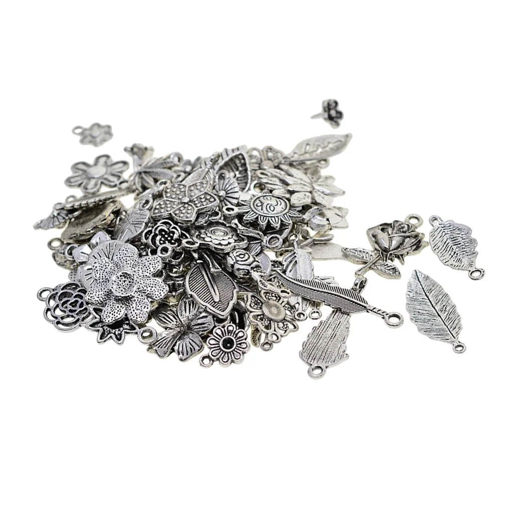 100 Grams Tibetan Silver Plated Mixed Plant Leaves Flowers Charms Pendants Connectors DIY for Jewelry Making and Crafting