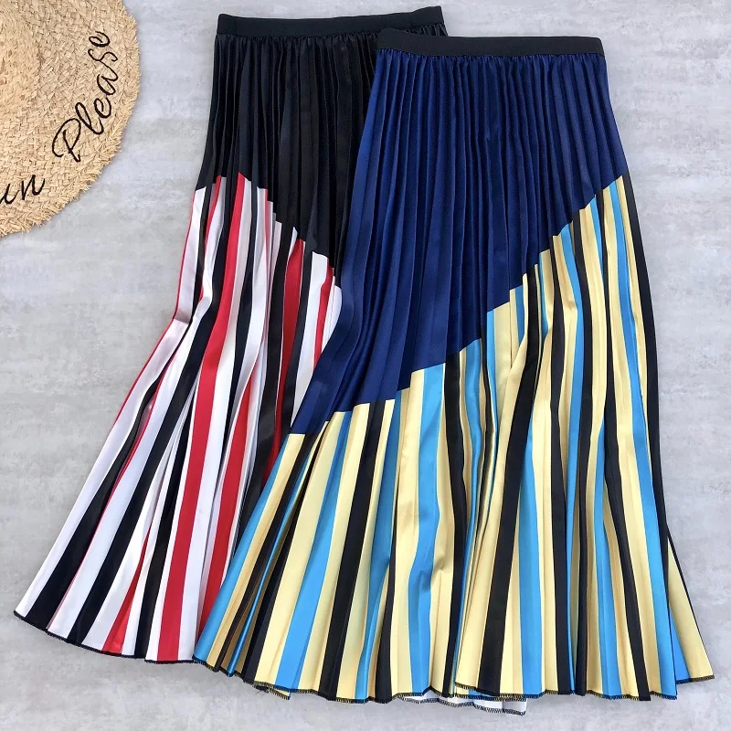 Spring Summer Women Midi Skirts Funny Cartoon Print Flowers Pleated