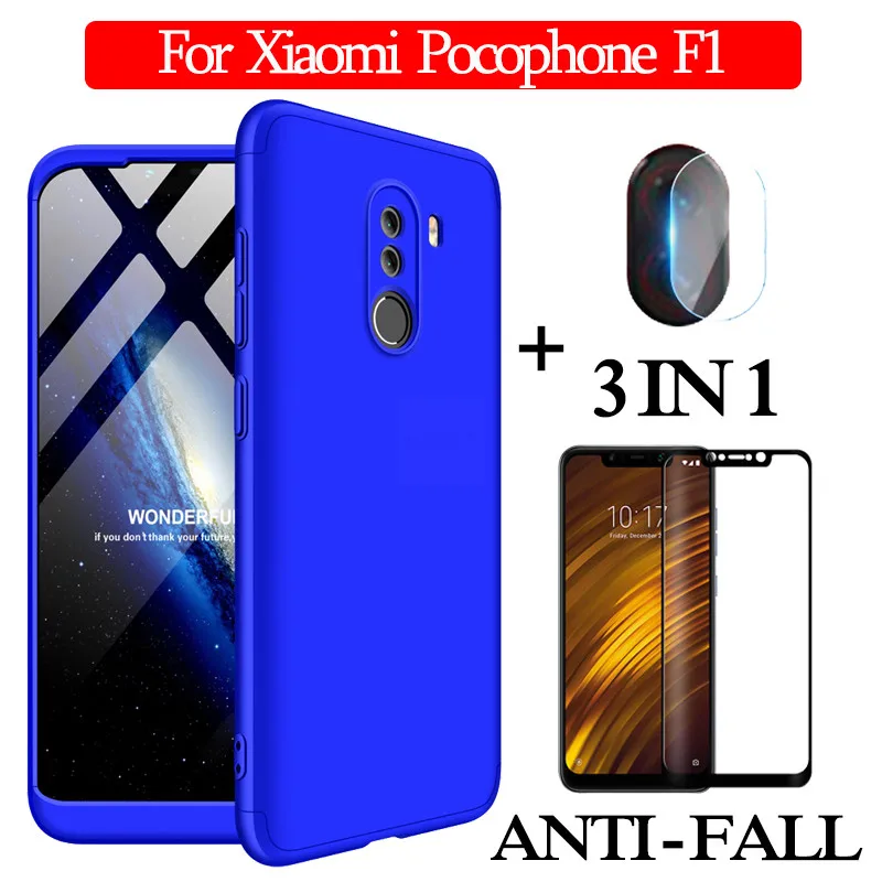 CaseFrontLensGlass4 3-в-1 cтекло+ 360 Защитный чехол на сяоми Покофон-Ф1 чехол Xiaomi Pocophone F1 полная защита чехол Poco-F1 Пластик жесткий чехол Покофон Ф1 задняя крышка чехол xiaomi poco f1 - Цвет: CaseFrontLensGlass4