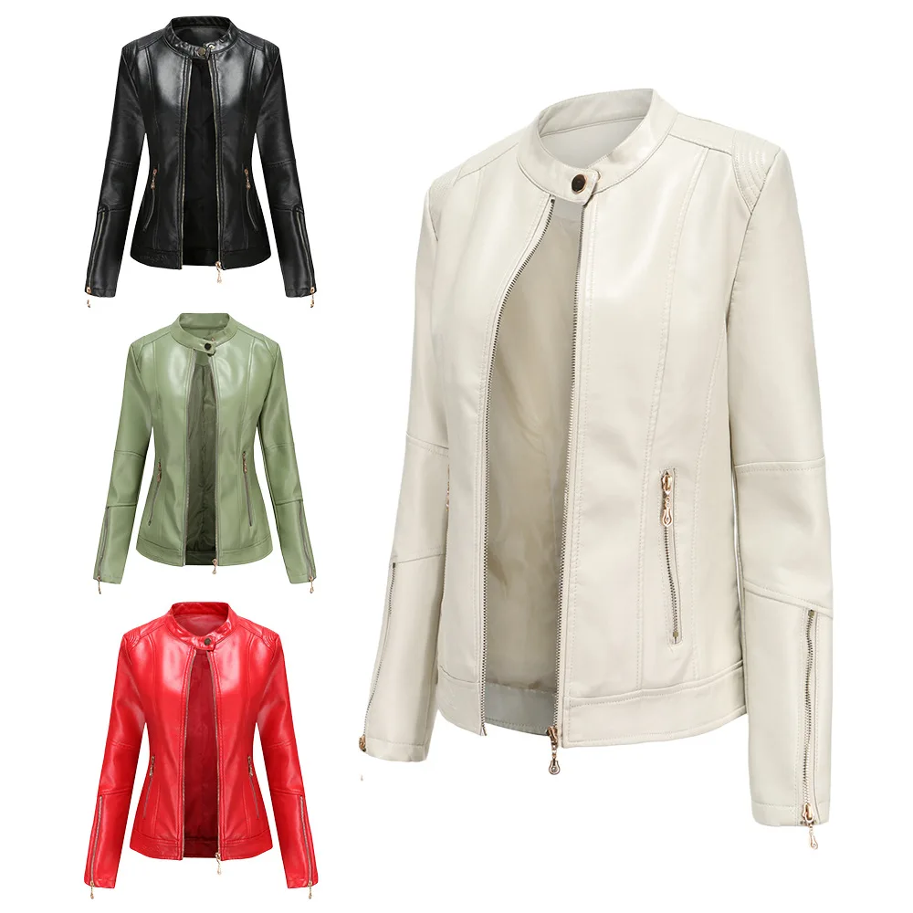 

Black PU Leather Jacket Zipper Biker Coat Faux Leather Outwear Women's Fashion Jacket 2021 Spring Autumn