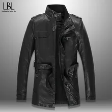 Модный Тренч-Пальто Зимняя Мужская Куртка Средней Длины Из ПУ Кожи Теплая Флисовая Приталенная Ветровка С Поясом Однотонное Пальто