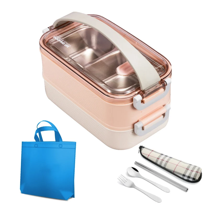 2 layer Pink-Bag 1 Микроволновая печь герметичный Ланч-бокс пластик нержавеющая сталь японский стиль портативный пищевой контейнер с отделениями Бенто-бокс для пикника набор - Цвет: 2 layer Pink-Bag 1