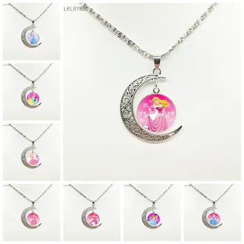 

Hot Pink Cinderella Elsa Princess Anna Snow Queen Moon Pendant Necklace Gift for Kids Jewelry Friends