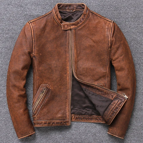 Brand Autumn Genuine Leather Jacket Male Large Size Motorcycle Biker Soft Cowhide Coat Locomotive Garment Vintage Jacket - Цвет: Brown