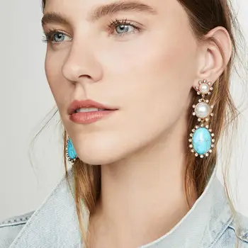 

Dvacaman Turquoise Statement Earrings Simulated Pearl Crystal Pendant Drop Earrings Wholesale Jewelry Female Bijoux Dropshipping