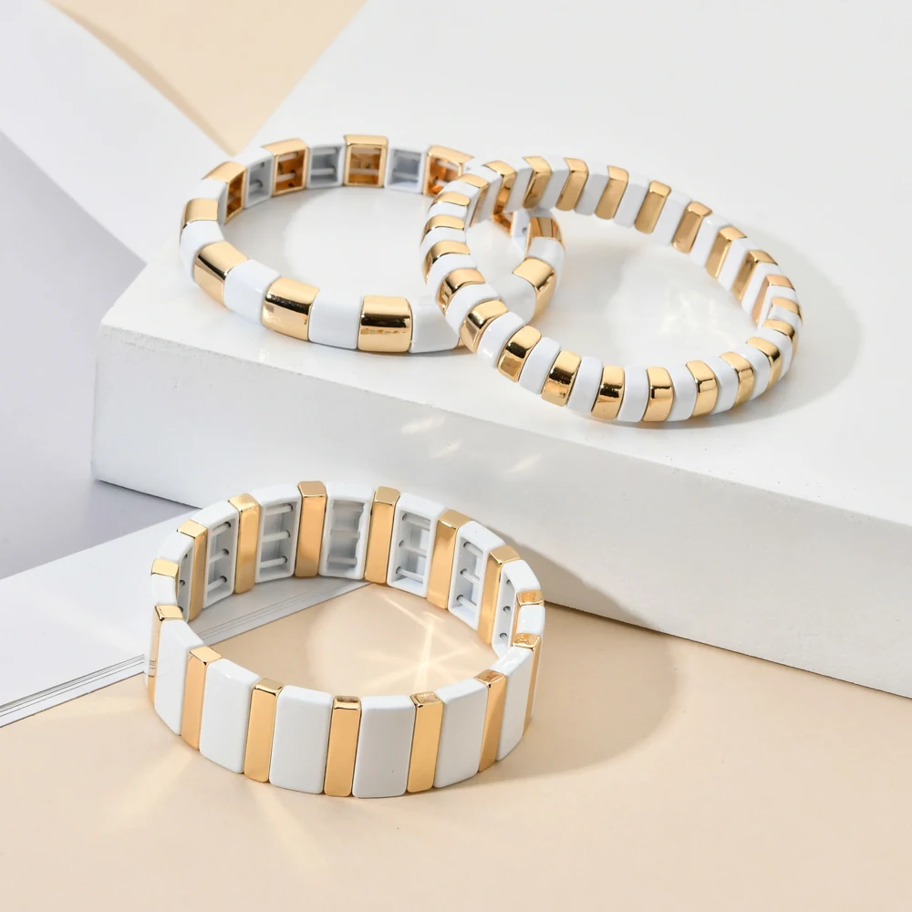Enamel Metal Bohemian Tile Bracelet Stackable Stretch Bracelets Men Women Bracelet Jewelry