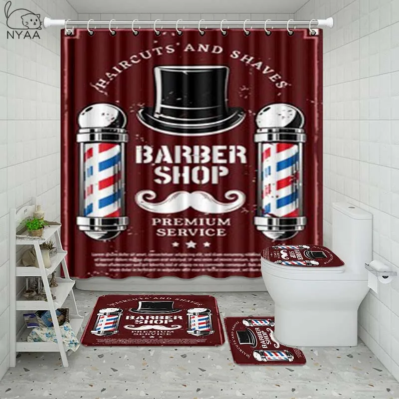 Vixm Barbershop Salon Bathroom Waterproof Shower Curtain Set Pedestal Rug Lid Carpet Toilet Cover Set Bath Curtain Mat Set Bathroom Accessories Sets Aliexpress