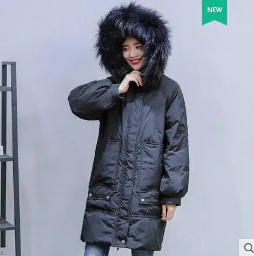 Fashion Winter Down Jacket Women Fox Fur Collar White duck down Coat Female Long Parka Ladies Elegant Outwear Hooded Coat - Цвет: Черный