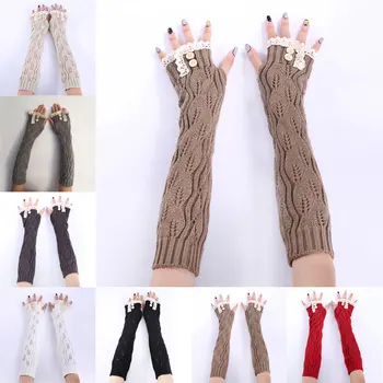 

1pair Fashion Ladies Winter Arm Warmer Fingerless Gloves Lace Button Knitted Long Warm Gloves Mittens For Women FEA889