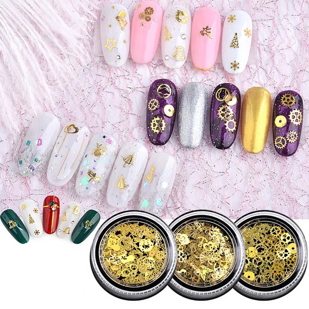 

1 Box Christmas Ultra thin Metal Slices Mix Butterfly Heart Steampunk Gear Metallic Flakes 3d Gold Nail Art Sticker Decorations