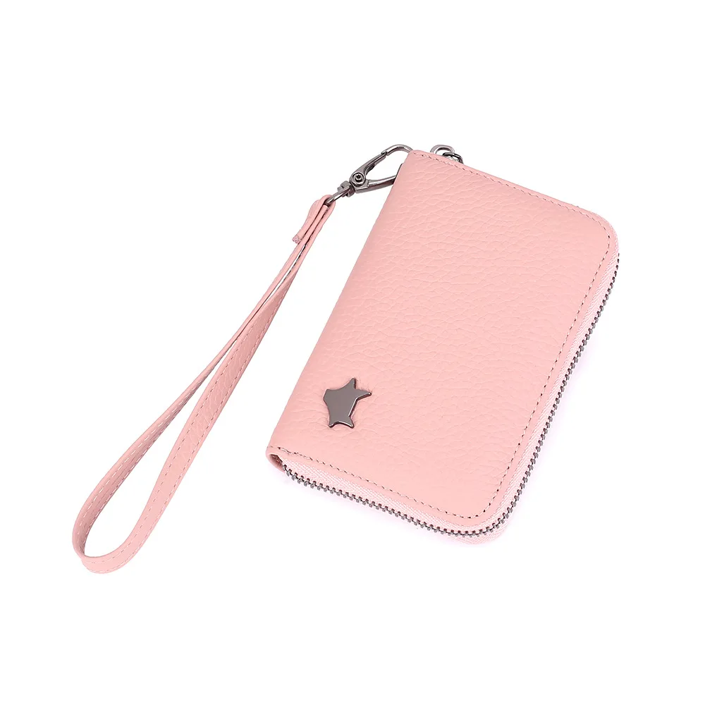 Портативный Женский кошелек на запястье из натуральной кожи, модный брендовый кошелек на молнии для монет, женские короткие кошельки с отделением для карт - Цвет: Розовый
