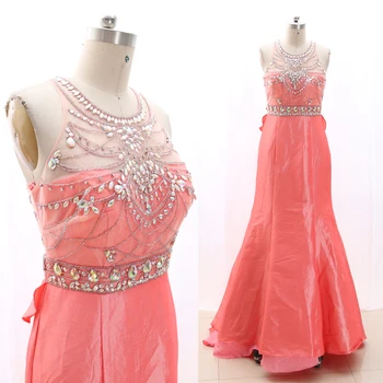 

MACloth Pink Mermaid O Neck Floor-Length Long Crystal Tulle Prom Dresses Dress M 268334 Clearance