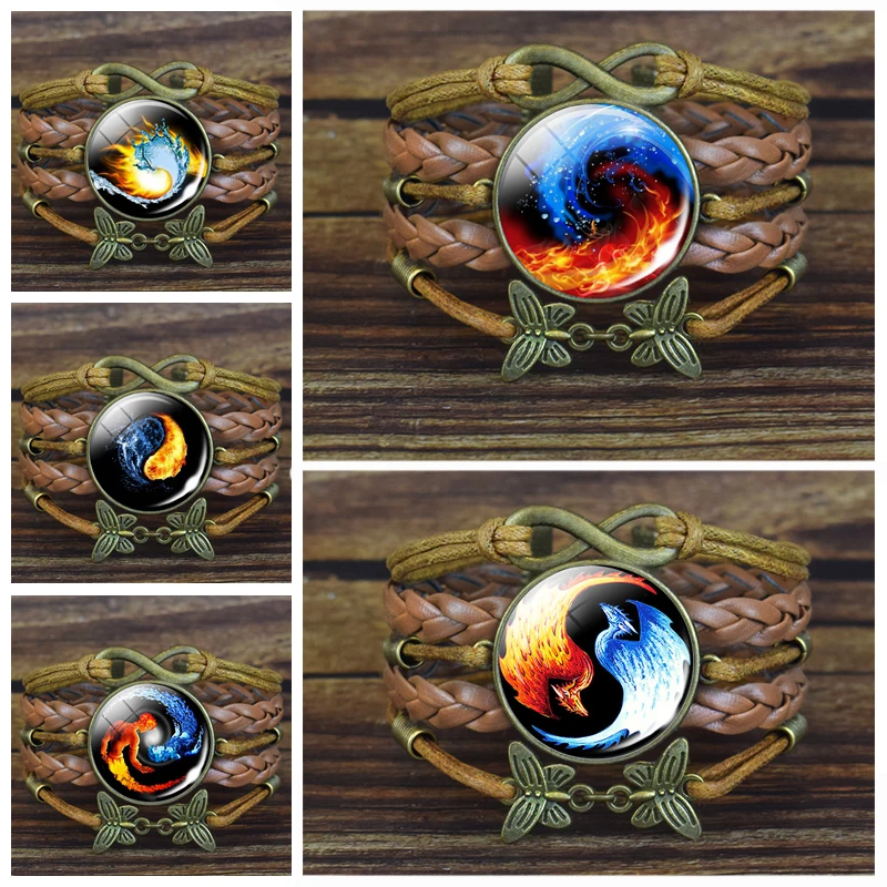1 шт. коричневый кожаный браслет Tai Chi Yin Yang Fire and Water Phoenix узор бижутерия со