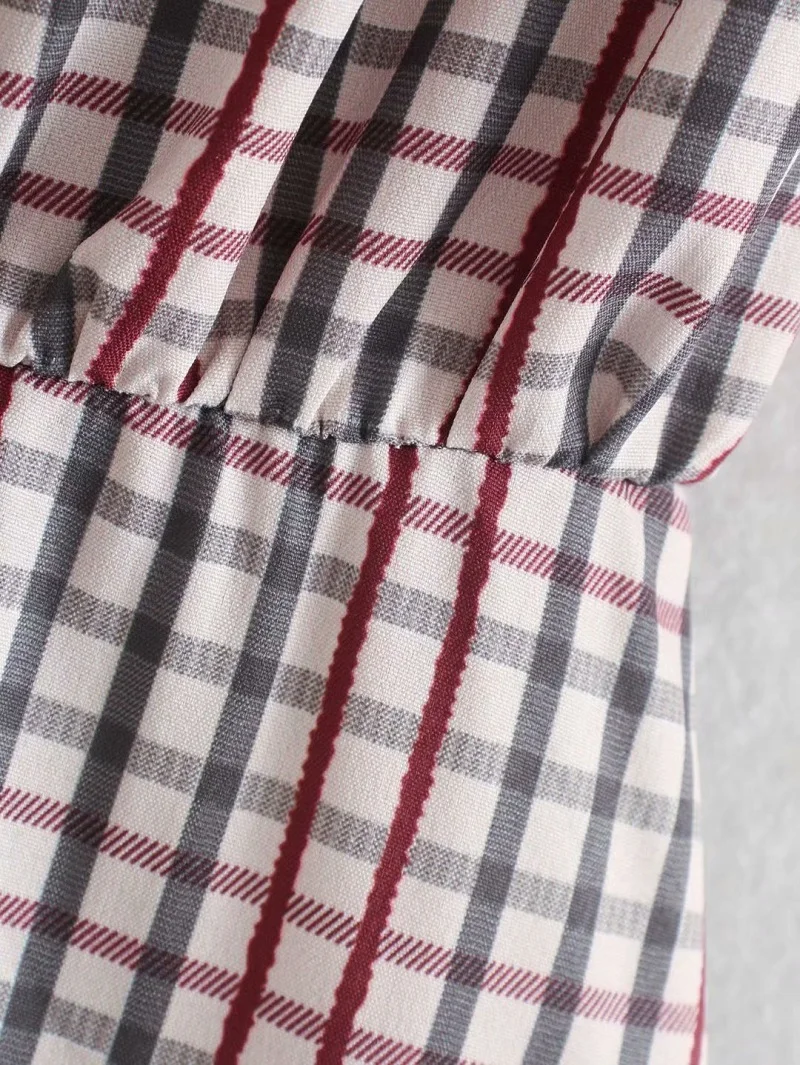 Za Summer Plaid Midi Dress Women O-neck Draped Dresses Long Sleeve Gathered Waist Lady Fashion Office Dress Back Buttons and Zip