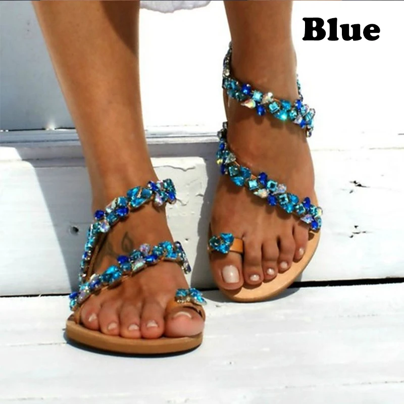 Women Sandals Bling Crystal Summer Shoes Woman Beach Flat Sandals Plus Size Flip Flop Ladies Soft Bottom Slippers Female 43 - Цвет: Синий