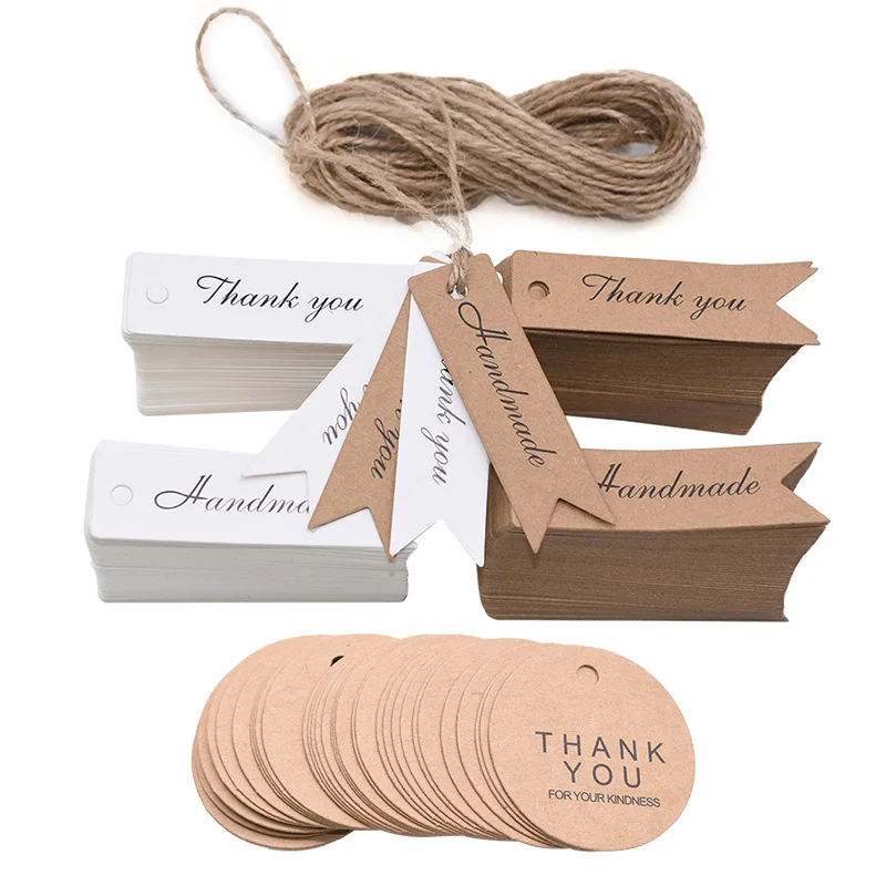 

100pcs White Kraft Paper Gift Hang Tags with Rope Product Labels Tag Wedding Party Favor Cookies Candy Bag Packaging Supplies