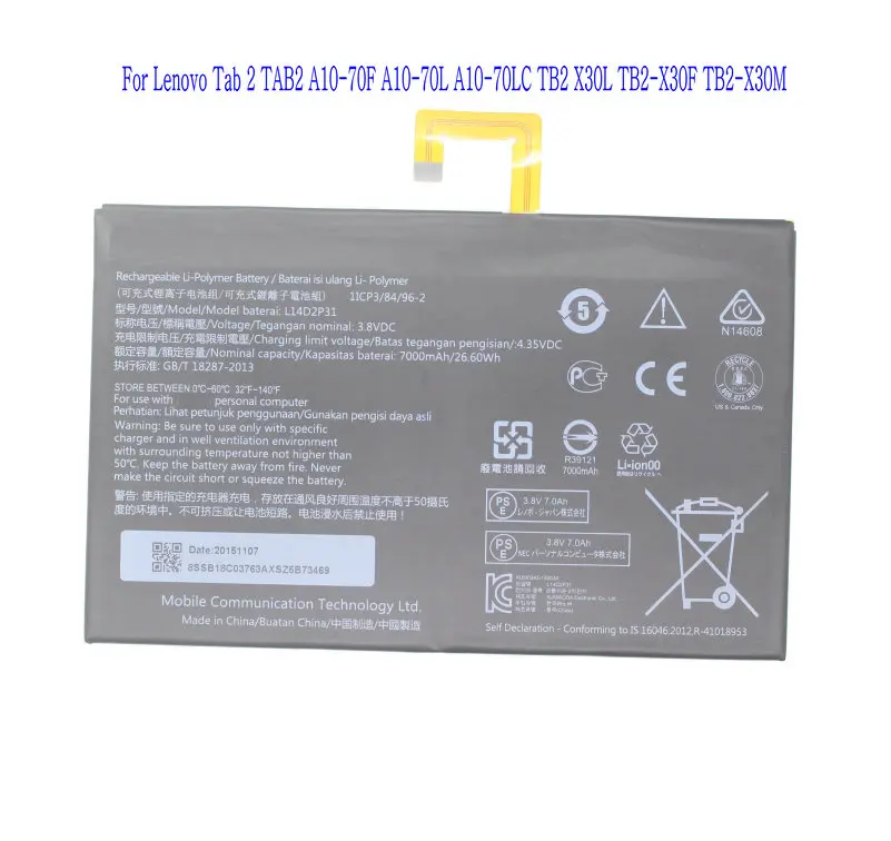 

1x 7000mAh L14D2P31 Replacement Battery For Lenovo Tab 2 TAB2 A10-70F A10-70L A10-70LC TB2 X30L TB2-X30F TB2-X30M Batteries