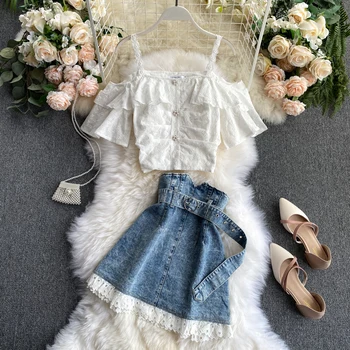 

LY VAREY LIN 2020 New Summer Women Korean Style Casual Two Piece Set Off Shoulder Strap Ruffles Tops Belt High Waist Denim Skirt