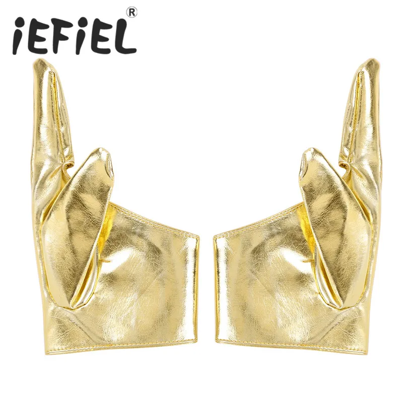 

Fashion Women Shiny Metallic Faux Leather Two Fingers Hook & Loop Gloves Mittens for Clubwear Party Costume Stage Performance