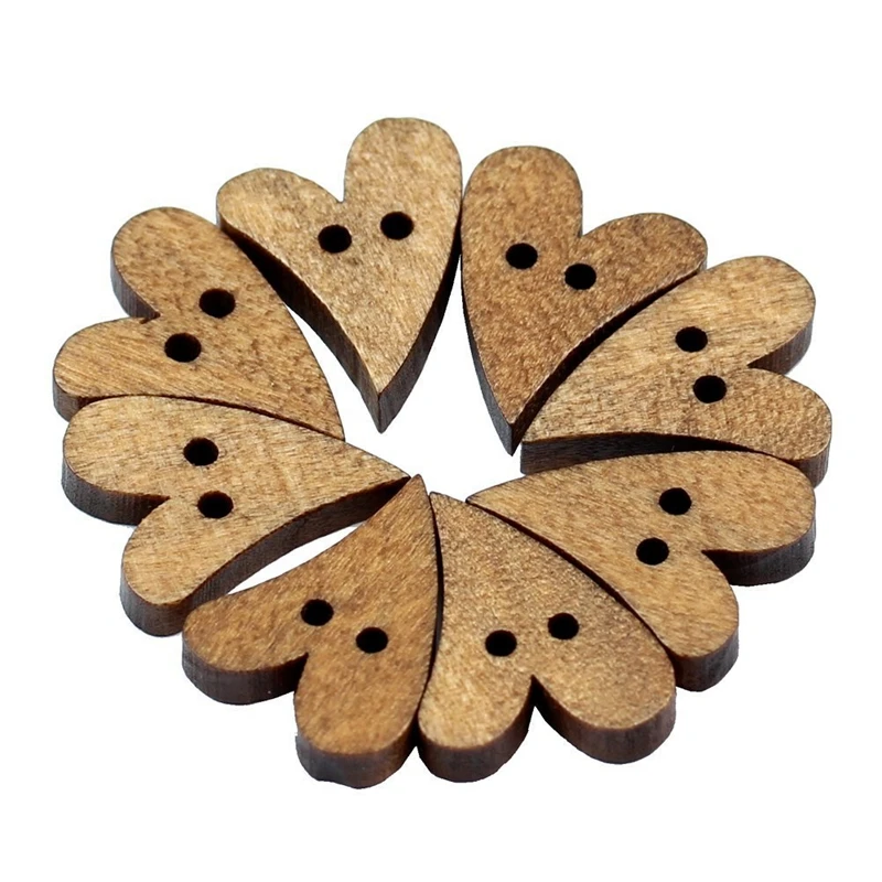 

100pcs 2 Holes Lovely Brown Wood Wooden Sewing Heart Shape Button Craft 16*13.5*3mm