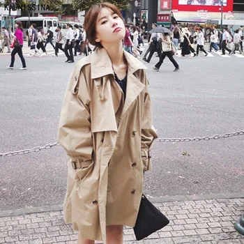 

Women's Mid-Length Trench Coats Autumn Windbreaker Korean Style Fashion Double Breasted Loose Sashes Casual Khaki Trench Coat