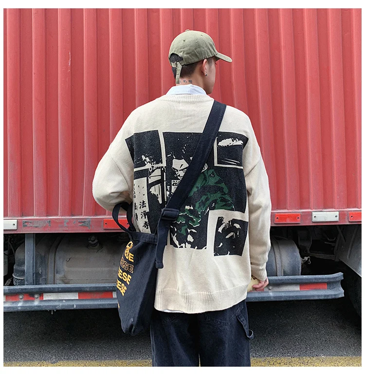 Autumn And Winter New Youth Male Printed Knit Sweater Fashion Casual Loose Pullover White Gray Khaki / Military Green S-XL