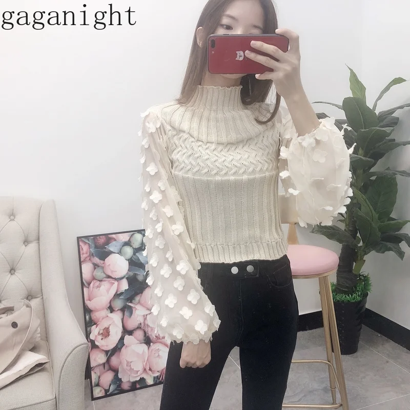 Gaganight шифоновый вязаный лоскутный женский свитер с аппликацией, короткий шикарный офисный Женский пуловер, модная верхняя одежда, джемпер, шикарные свитера