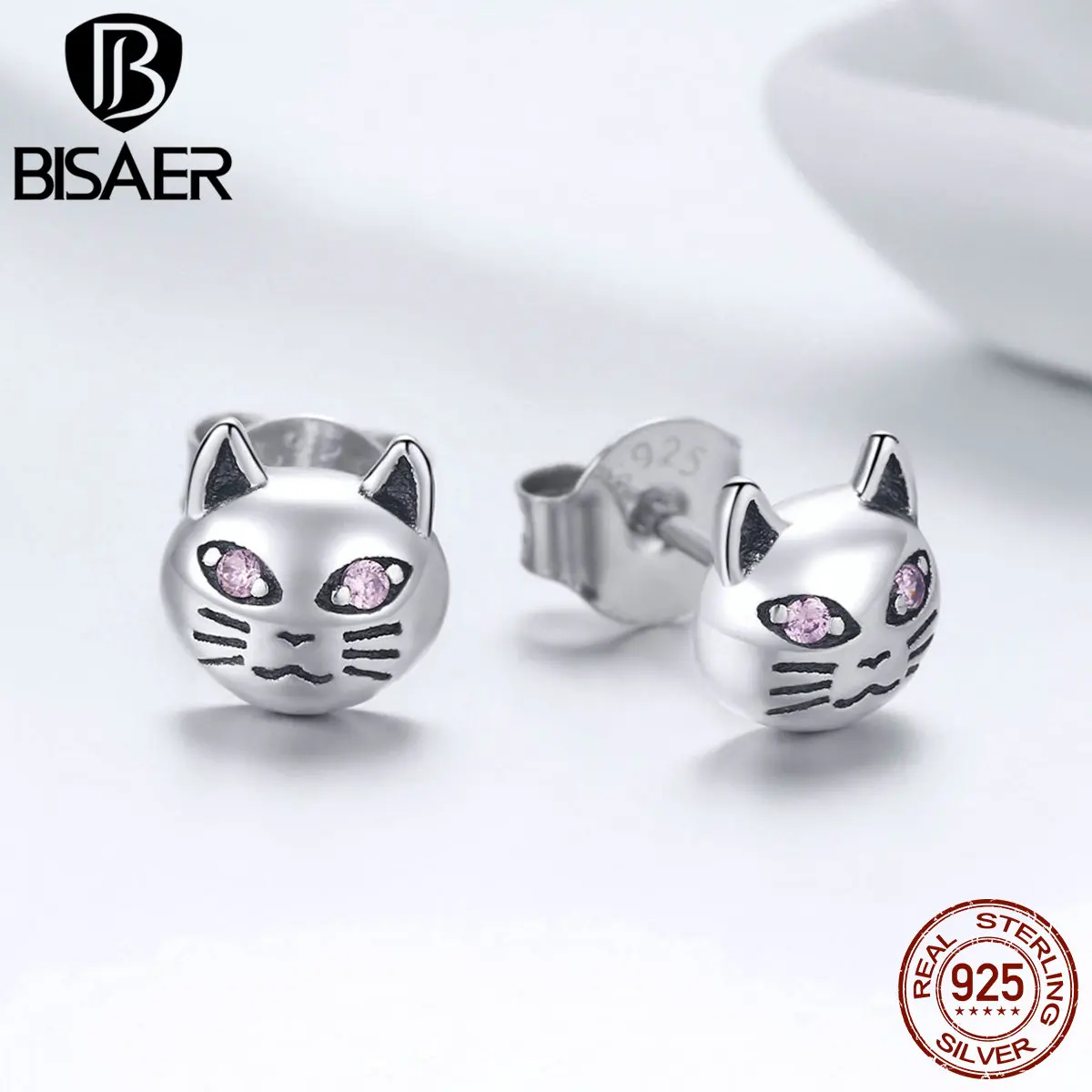 BISAER, серьги-гвоздики для женщин, 925 пробы, серебро, розовый, кошка, животное, серьги-гвоздики, модные ювелирные изделия, ювелирные изделия, серьги HSE440