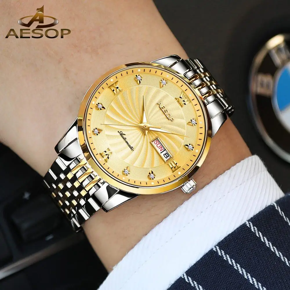 AESOP ультра-тонкие часы Мужские автоматические механические роскошные часы из нержавеющей стали с водонепроницаемой датой часы Relogio Masculino - Color: Golden