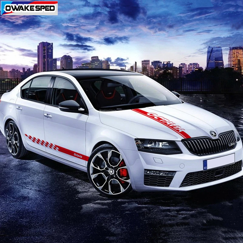1set Car Body Sticker Hood Bonnet Door Side Skirt Stripes For-Skoda Octavia Racing Sport Graphics Both Side Auto Accessories (5)