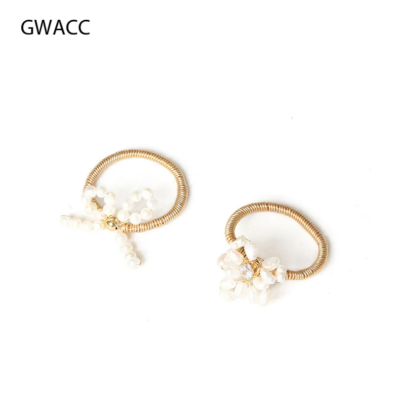 

GWACC Multiple Pearls Wired String Vintage Ring Oval Real Natural Freshwater Pearl Ring Jewelry Flower Bow Rings For Women boho