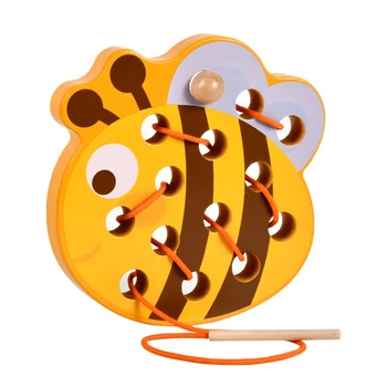 Małe dzieci drewniane zwierzę sznurka gra wczesna edukacja zwierząt grzywny ruch sznurka pokładzie Puzzle DIY sznurka zabawki tanie i dobre opinie CN (pochodzenie) 25-36m 4-6y 7-12y