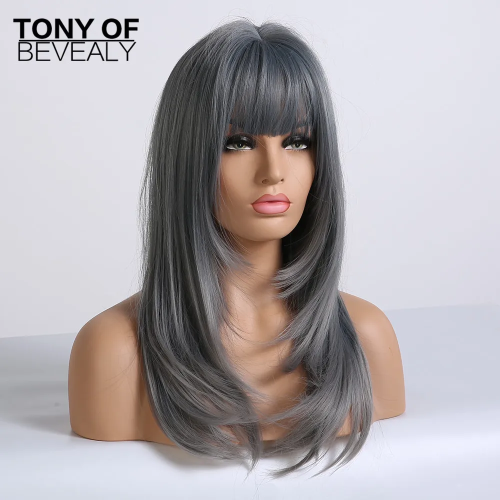 Длинные Волнистые Синие парики Омбре термостойкие синтетические с челкой для