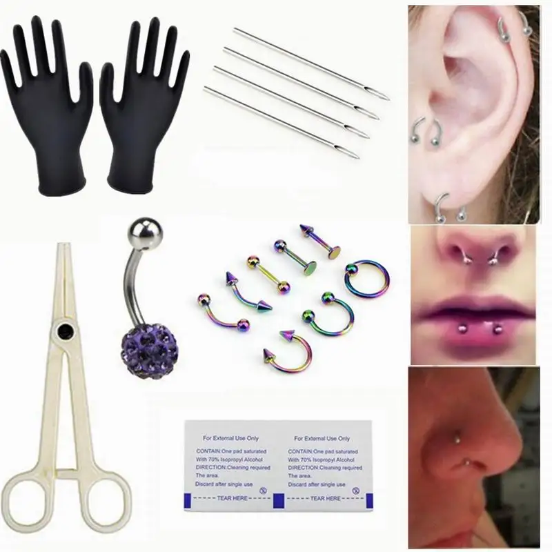

New Cool 18Pcs/set Fashion Eyebrow Body Tongue Lip Crystal Safety Disposable Piercing Jewelry Tool Sets