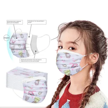 

50pcs Children's Cartoon Print Face Mask Disposable Mouth Face Cover Kids Non Wove 3 Layer Ply Filter Breathable Earloops Masks