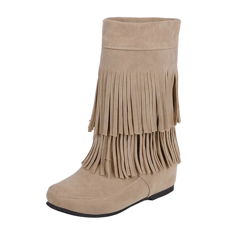 

Women Retro Fringe Boots Increasing Height Ankle Boot Ladies Suede Casual Mid Heel Slip on Autumn Winter Boot Black Size 34-43